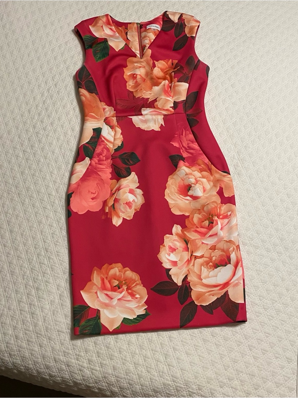 Calvin Klein Red Midi Dress with Peach Floral Print